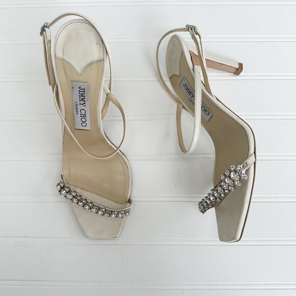 Jimmy Choo Meira 85 Heeled Sandals Off-White Latte Crystal Rhinestone Heels 38.5 - Picture 6 of 13
